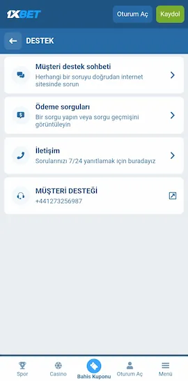 1xbet 7/24 canlı destek hattı ve müşteri hizmetleri görünümü