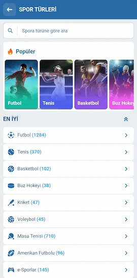 1xbet spor bahisleri kataloğu ve mevcut spor dalları listesi